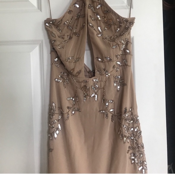 ASOS floor length gown embroidered beaded tan keyhole halter high neck b… - Picture 2 of 9